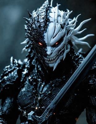 The primary subject of the image is a character with a demonic appearance, holding a sword. The character is wearing a black and white outfit, and the setting appears to be a dark, possibly fantasy-themed environment. The visual style of the image is a combination of photo and digital art, creating a striking and detailed portrait of the demonic character. The colors and mood of the image are predominantly dark and ominous, reflecting the demonic nature of the character.